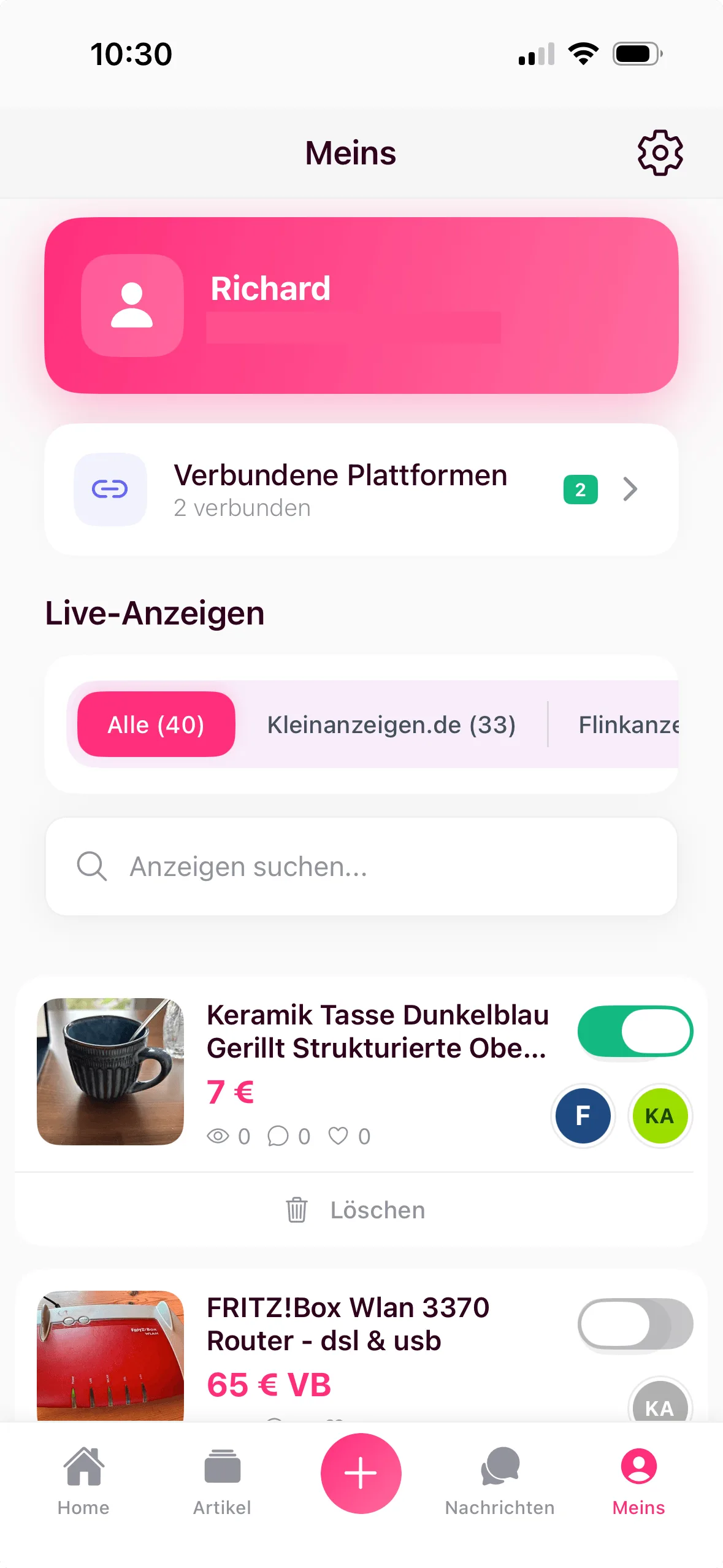 clasify App Profilbereich mit Live-Anzeigen