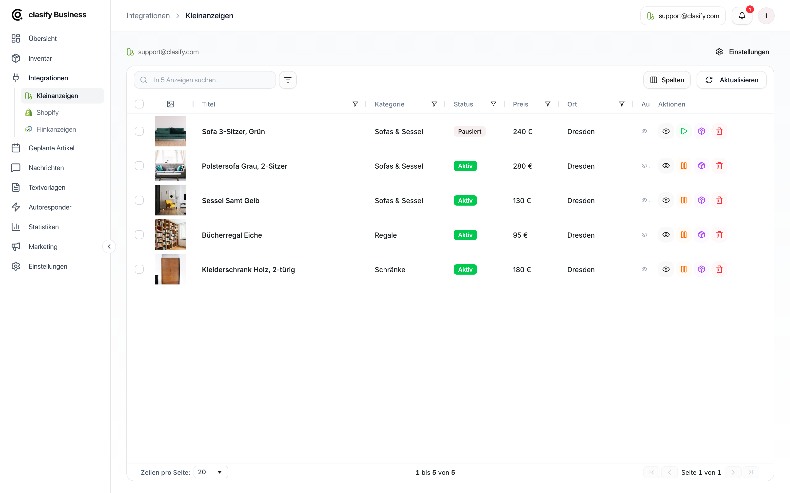 clasify Business Anzeigenverwaltung mit ausgewählten Anzeigen und Bulk-Aktionen