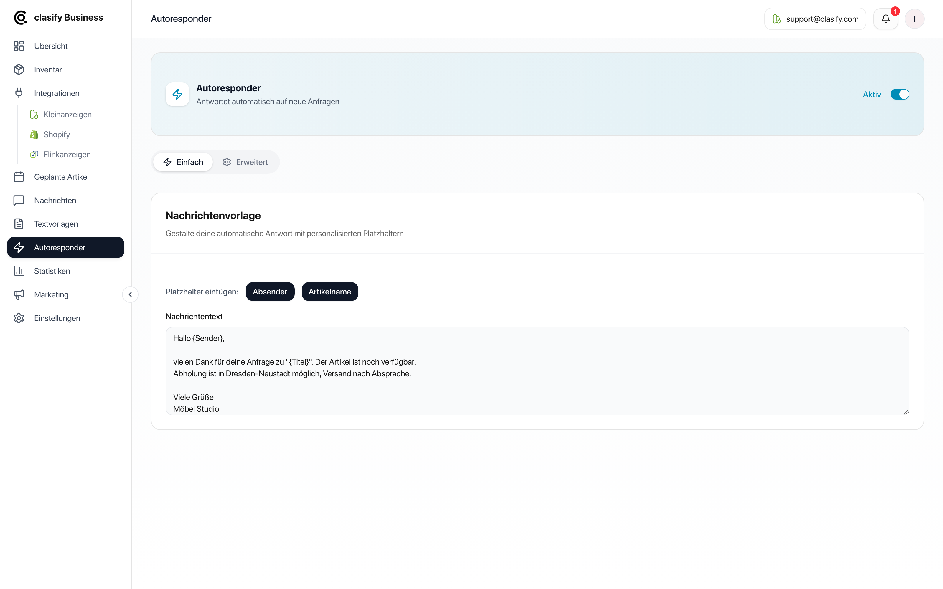 clasify Business einfacher Autoresponder mit Nachrichtenvorlage und Platzhaltern