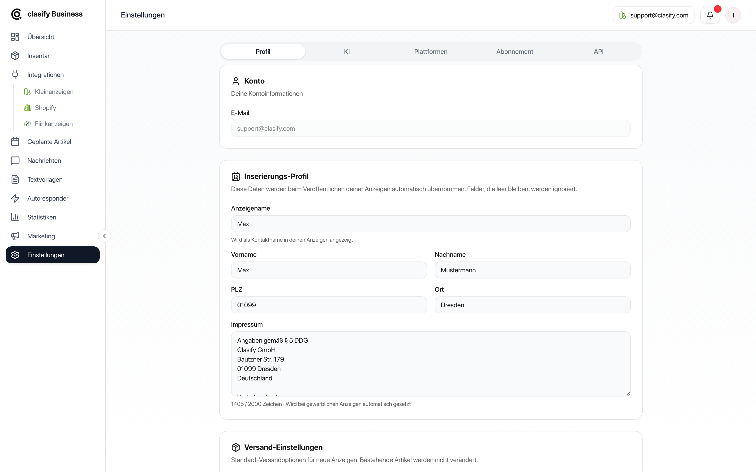 clasify Business Einstellungen mit Profil, Inserierungsprofil und Plattform-Tabs