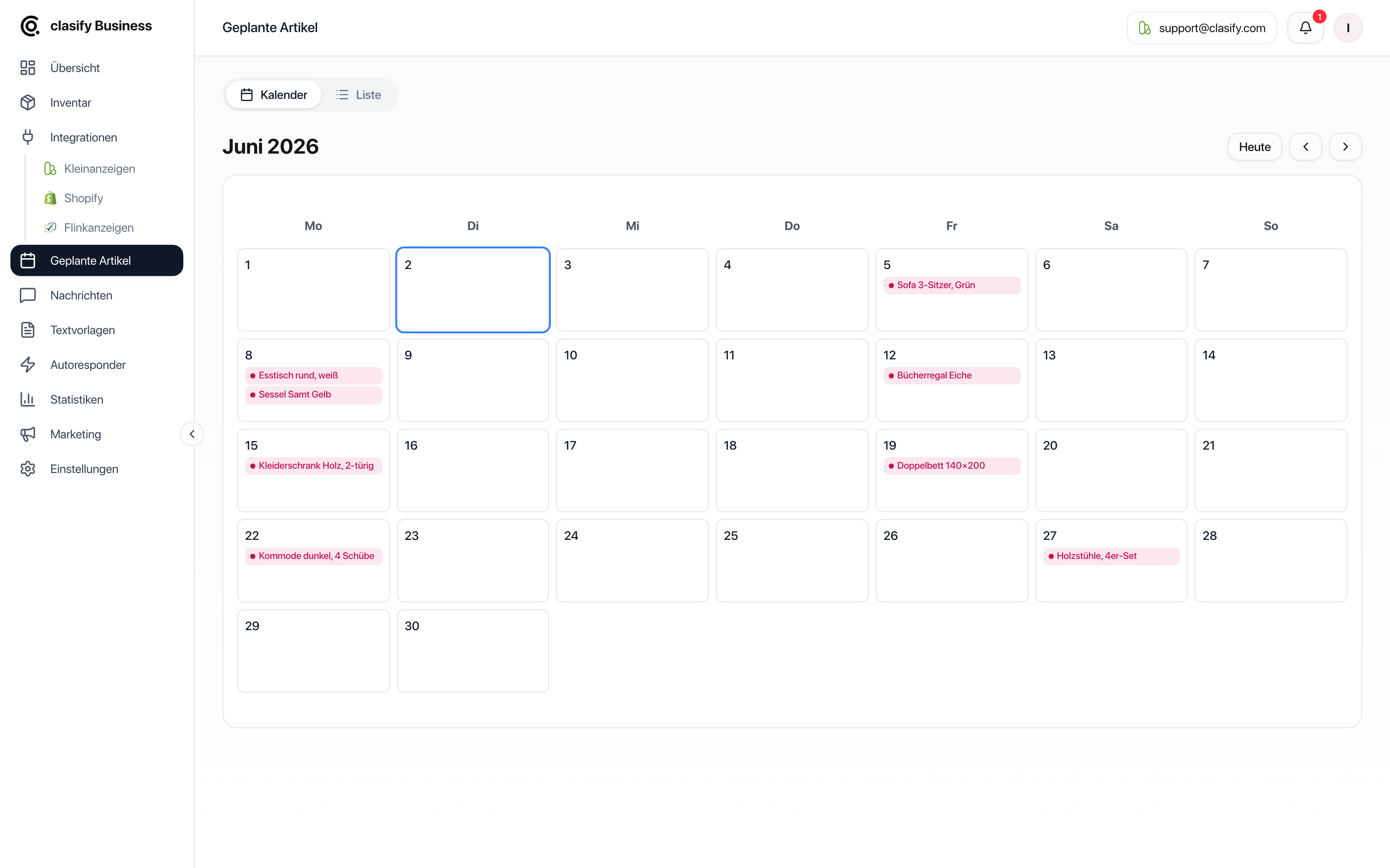 clasify Business Kalender für geplante Artikel im Juni 2026