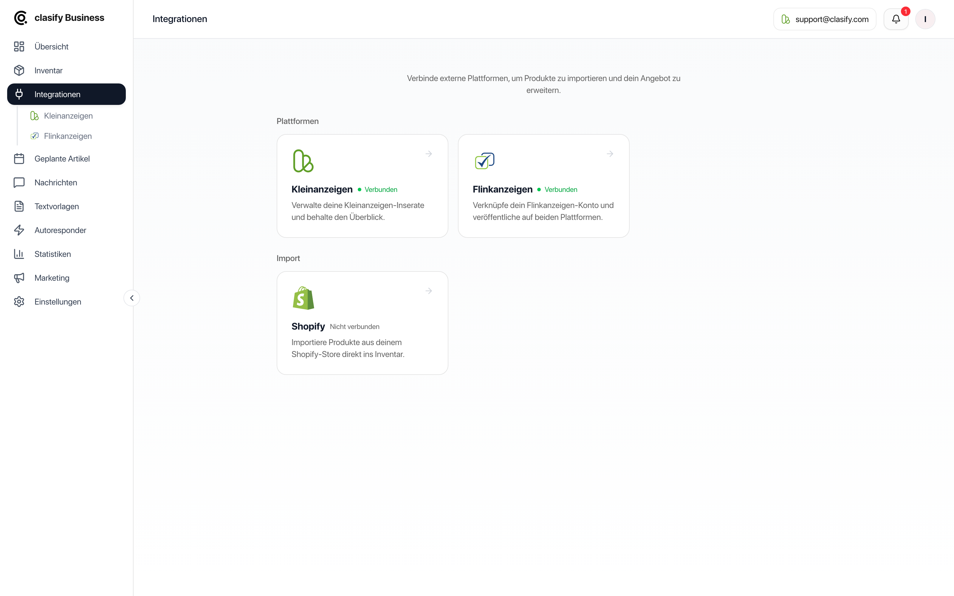 Integrationen-Übersicht in clasify Business