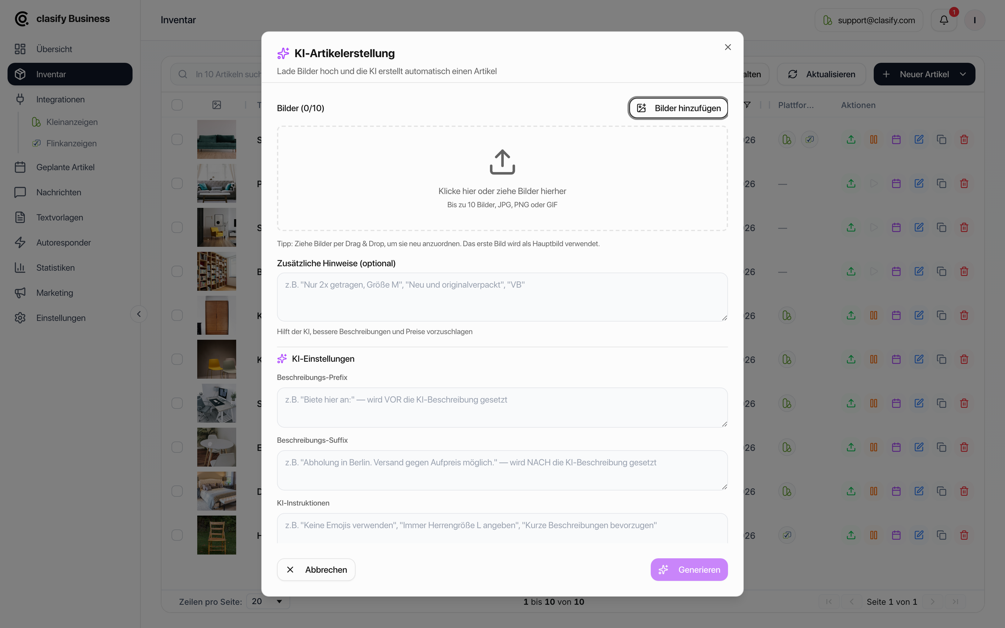 clasify Business KI-Artikelerstellung mit Bildupload, Hinweisen und KI-Vorgaben