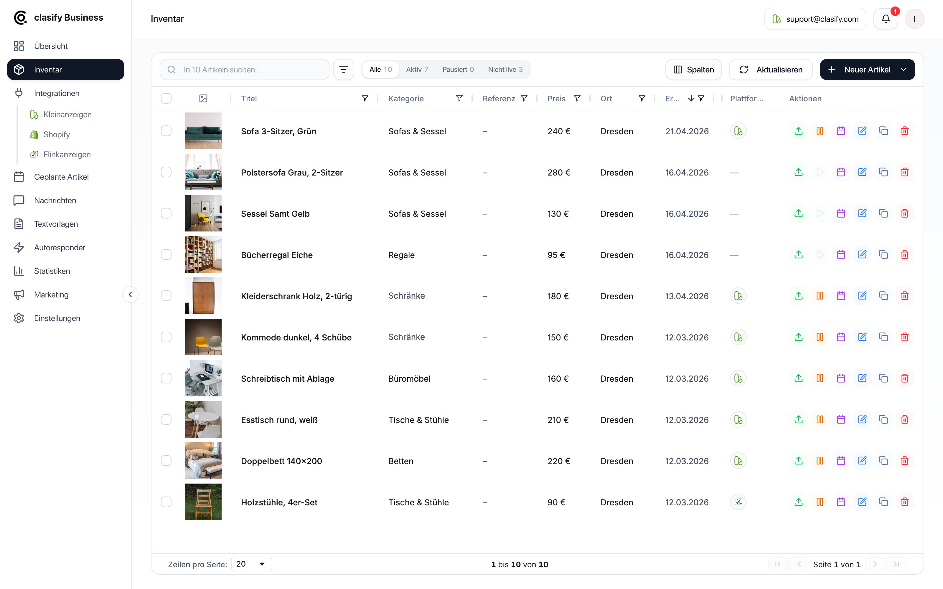 clasify Business Inventar mit Artikeln, Plattformstatus und Veröffentlichungsaktionen