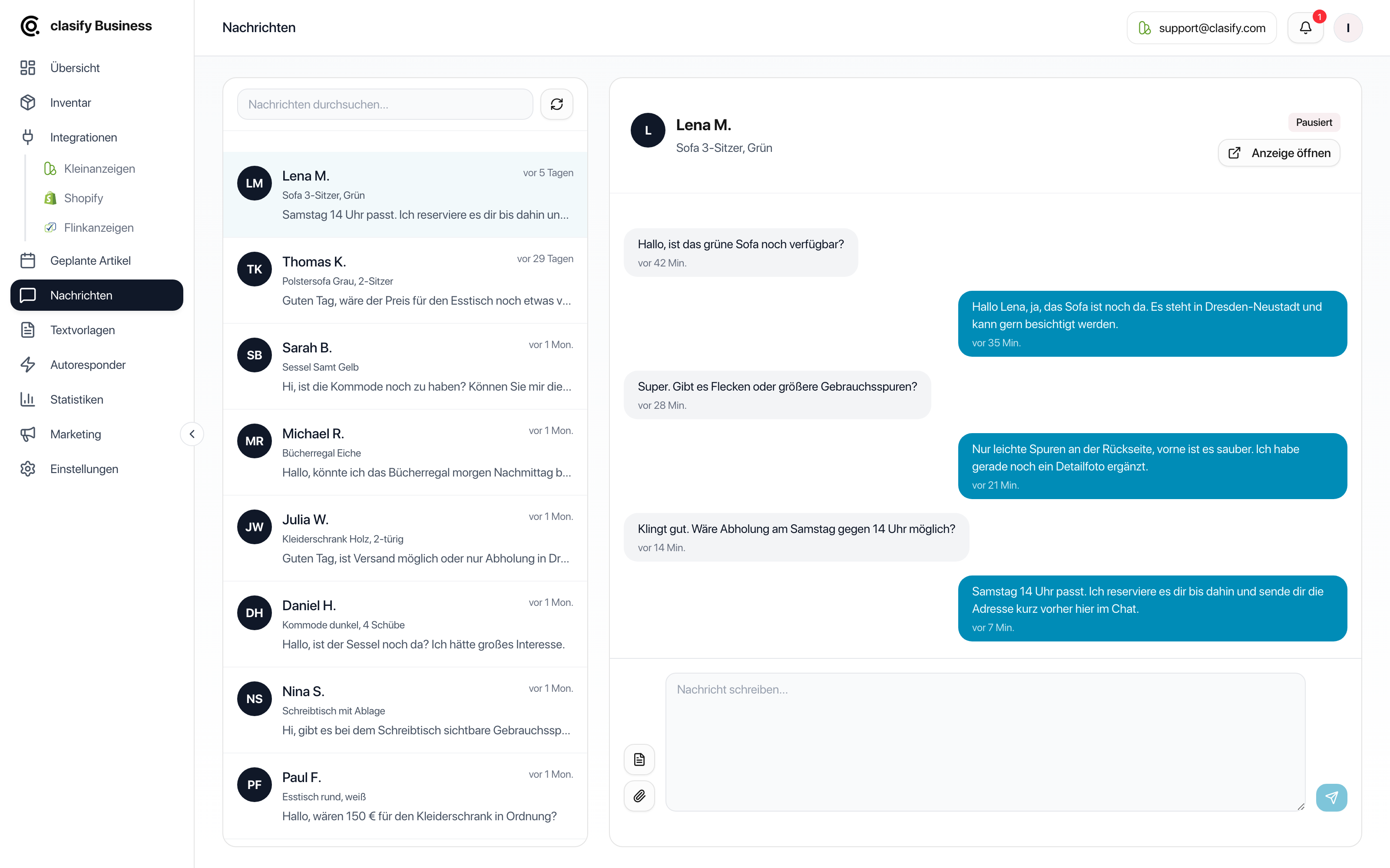 clasify Business Nachrichtenansicht mit Konversation und Antwortfeld