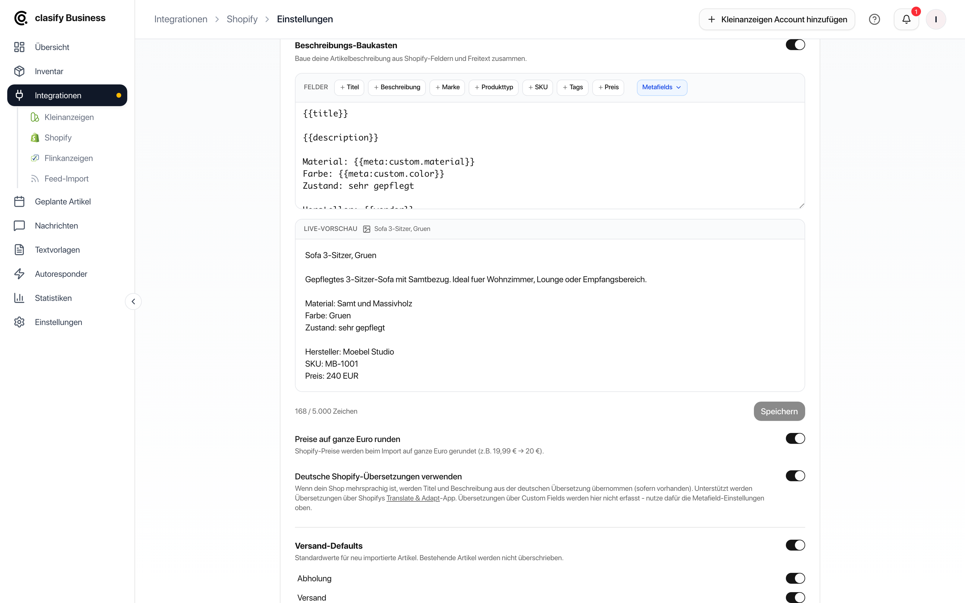 Shopify-Beschreibungs-Baukasten in clasify Business mit Platzhaltern, Metafields und Live-Vorschau