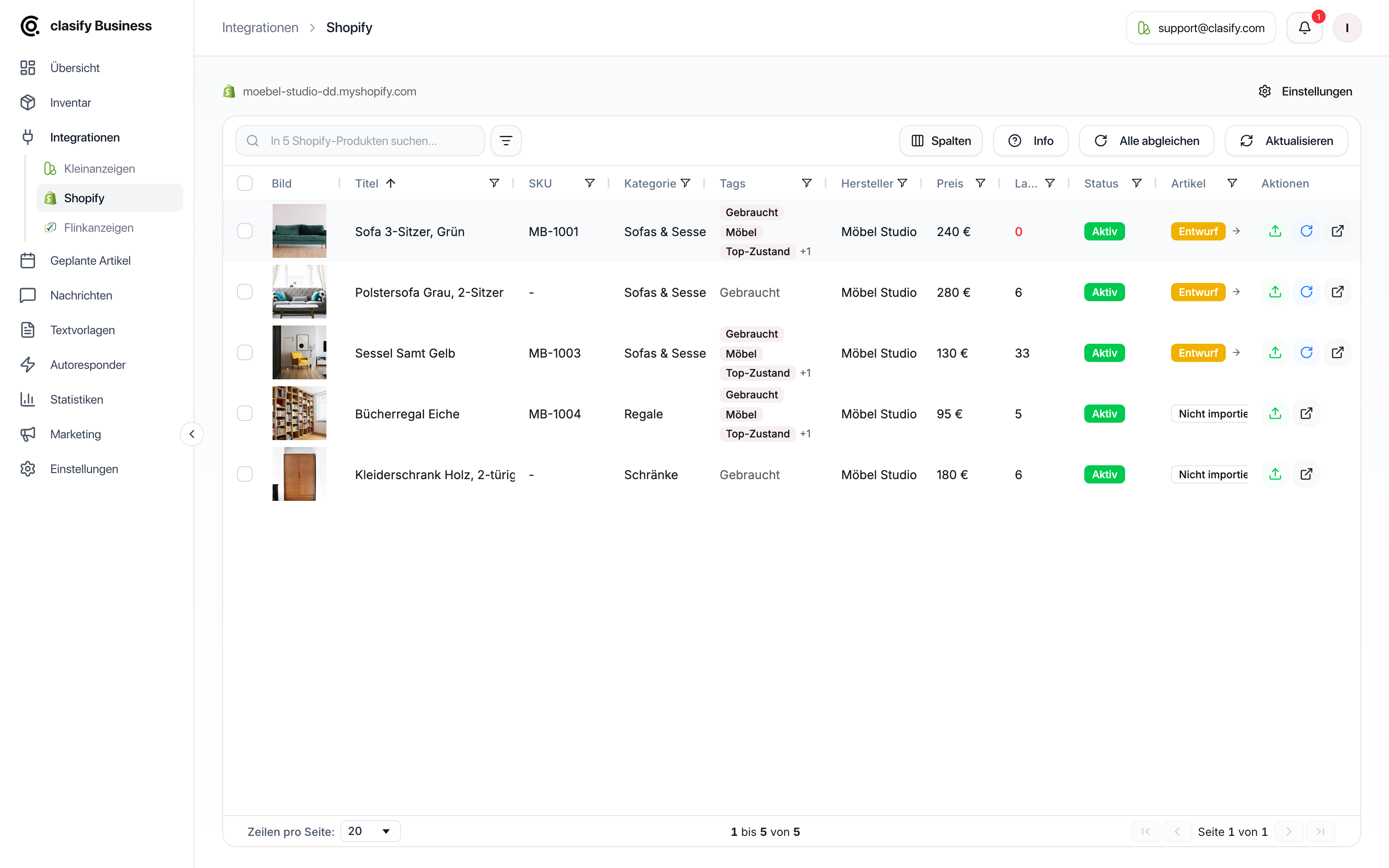 clasify Business Shopify-Produktliste mit Importstatus und Plattformaktionen